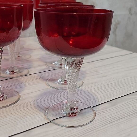 Colony glass Saturn pattern red clear twist stem Set of 12 sherbert glasses - Picture 2 of 7